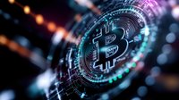 Glowing cryptocurrency symbol with neon blue and pink lights on dark background, digital money concept with bokeh effect and futuristic design elements.