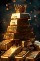 Golden bars stacked in pyramid formation topped with royal crown against dark background with bokeh lights and sparkles. Concept of wealth and luxury.