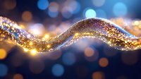 Magical glowing wave with golden sparkles and light particles flowing on dark blue bokeh background, abstract festive motion design element.