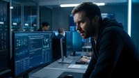 Focused male cybersecurity analyst monitoring data on computer screens in modern control room during night shift operations.
