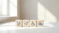 Four wooden cubes with healthcare icons including elderly care, stethoscope, disability, and security symbols on white surface in soft light.