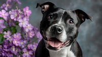 Portrait of happy black and white pit bull terrier dog with pink flowers against gray background. Pet photography for adoption services.