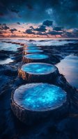 Mystical glowing pools along rocky coastal path under starry twilight sky, with dramatic clouds and ocean waves creating surreal landscape atmosphere.