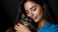 Young Hispanic woman in blue shirt embracing Maine Coon cat with closed eyes, expressing tender connection and emotional bond against dark background.