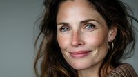 Close-up portrait of mature woman with freckles and natural beauty, smiling gently against neutral background. Conveys confidence and authenticity.