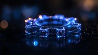 Glowing blue ring of light particles with bokeh effect creates magical atmosphere against dark background, showcasing ethereal digital art and technology concept.