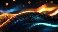 Abstract glowing waves with sparkling particles in orange and blue colors creating dynamic flowing motion against dark background. Magical light effect for design.
