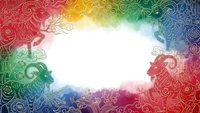 Vibrant rainbow gradient frame with intricate swirl patterns and white center space for text or design elements.