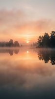 Serene lake at sunrise with golden light reflecting on calm water, misty morning atmosphere, evergreen trees silhouetted along shoreline, peaceful nature landscape for wellness and meditation projects.