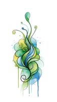 Abstract watercolor swirls in green and blue tones with flowing organic shapes and paint drips on white background for creative design projects.