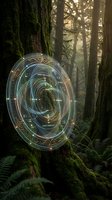 Mystical glowing portal with ornate frame floating in enchanted moss-covered forest with ancient trees and magical atmosphere for fantasy concepts.