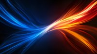 Vibrant abstract light streams in contrasting blue and orange colors create dynamic flowing curves against dark background, merging in luminous center point.