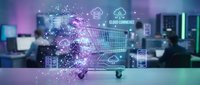 Digital shopping cart with glowing network connections and e-commerce icons floating in modern tech environment for online retail and digital marketing.
