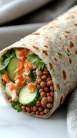 Fresh vegetable and lentil wrap with cucumber slices, carrots, and herbs rolled in flatbread, close-up view showing colorful healthy ingredients.