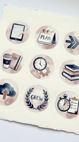 Watercolor business productivity icons set with tablet, planner, arrows, coffee, clock, books, growth wreath and timer on textured paper background.