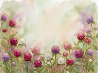 Watercolor clover flowers in pink, purple and white on soft pastel background with copy space for greeting cards and prints.