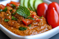 Spicy red curry sauce garnished with fresh basil leaves and cherry tomatoes, served with sliced cucumber in white ceramic bowl, macro food photography.