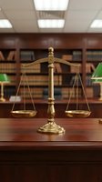 Golden scales of justice on wooden desk in law library with legal books for attorney office and courtroom concepts.