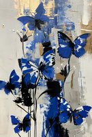 Abstract blue butterflies on textured gold and white background, artistic painting with expressive brushstrokes and contemporary style for modern home decor.