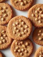 Fresh baked round cookies with golden white chocolate chips arranged on light background, top view close up shot of homemade sweet dessert treats.