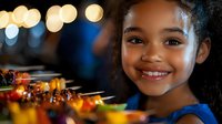Young African American girl with curly hair and bright smile enjoying colorful grilled vegetable and meat skewers at outdoor evening gathering with bokeh lights in background.