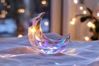 Crystal crescent moon with rainbow iridescent reflections on white fabric, illuminated by soft bokeh lights creating magical atmosphere and prismatic effects.