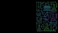 Science laboratory equipment and chemistry tools in neon outline style on black background for educational materials and research presentations.