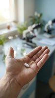 Close-up of an adult male hand holding two white pills or capsules in a medical office setting with microscope and plants visible in blurred background.