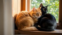 Two adorable cats cuddling together on sunny windowsill, orange tabby and black cat resting peacefully indoors with natural light streaming through window.