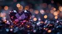 Purple crystal heart on dark background with magical bokeh lights and sparkles creating romantic atmosphere for valentines day celebrations and love concepts.