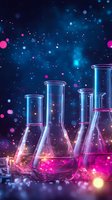 Laboratory glassware with pink luminescent liquid against dark background with glowing particles and bokeh effects, creating magical scientific atmosphere.