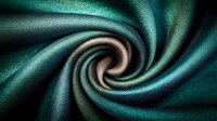 Mesmerizing emerald green spiral swirl pattern on dark satin fabric with smooth flowing curves and dynamic movement creating hypnotic abstract background effect.