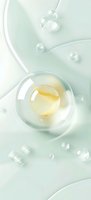 Transparent bubbles with golden liquid sphere on soft mint green background. Minimalist cosmetic concept for skincare and beauty products advertising.