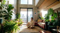 Urban loft apartment with abundant greenery, natural light from large windows, and person in casual wear meditating on floor among potted plants.