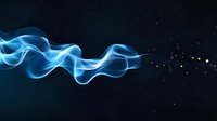 Ethereal blue smoke waves flow across dark background with glowing golden particles, creating mysterious atmospheric effect. Suitable for luxury branding.