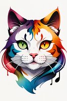 Colorful cat face with rainbow gradient fur and heterochromatic eyes, musical notes detail. Artistic portrait on white background, suitable for modern design projects.