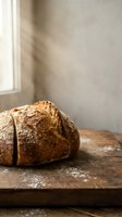 Freshly baked artisan sourdough bread loaf on rustic wooden cutting board with flour dust and warm natural lighting for bakery and cooking concepts.