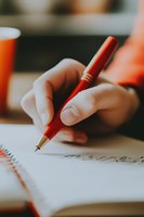 Close-up view of hand holding red pen writing on white paper, with soft focus background creating atmospheric depth for business and education concepts.