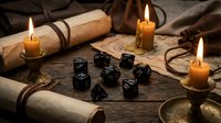 Ancient scrolls and black dice illuminated by flickering candles create mystical tabletop gaming atmosphere on weathered wooden surface for RPG adventures.