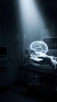 Scientist in white gloves holding glowing holographic brain with particles in dark laboratory setting, representing neuroscience, artificial intelligence, and medical research innovation.