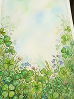 Watercolor frame with green clover leaves and wildflowers, soft pastel sky background, copy space for text, spring nature border art.