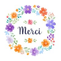 Floral wreath with French word Merci surrounded by watercolor flowers in purple, orange and pink, with delicate green leaves on white background. For greeting cards.