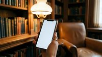 Hand holding smartphone with blank white screen in cozy home library with bookshelves, leather chair, and warm lamp light.