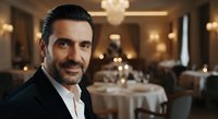 Confident male professional with dark hair and beard wearing formal black suit and white shirt, smiling at camera in upscale fine dining restaurant with elegant table settings and warm ambient lighting.
