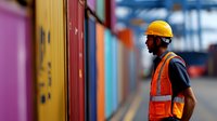 African American male dock worker in safety gear and hard hat standing near colorful shipping containers at industrial port, side view profile against blurred background.