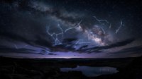 Dramatic night sky with Milky Way galaxy and lightning strikes over serene lake landscape. Cosmic storm scene for astronomy and nature photography projects.