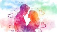 Watercolor couple silhouettes with hearts on colorful background for romantic designs, wedding invitations, Valentine's Day cards and love-themed projects.