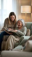 Young Caucasian woman and senior mother reading magazine together on couch in warm living room, sharing quality family time and bonding moments.