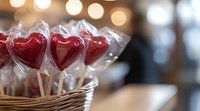 Heart shaped red lollipops wrapped in clear plastic displayed in wicker basket with soft bokeh lights background, romantic candy for Valentine's day celebration.