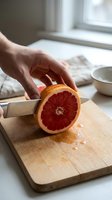Hand holding freshly cut grapefruit half on wooden cutting board with knife in bright kitchen with window light, food preparation and healthy eating concept.